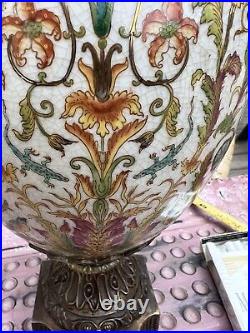 Castilian Crackle Porcelain & Bronze Vase Alligators Birds Dated 1914 14.5