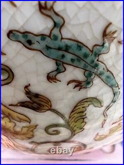Castilian Crackle Porcelain & Bronze Vase Alligators Birds Dated 1914 14.5