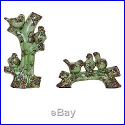 Ceramic Antique Green Perched Birds Statue Set L7X3.5X 12 In Tall S10X3X 5 In