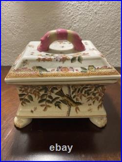 Ceramic Clawfoot Chinese Box with Lid-Birds and Flowers-Vintage