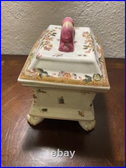 Ceramic Clawfoot Chinese Box with Lid-Birds and Flowers-Vintage