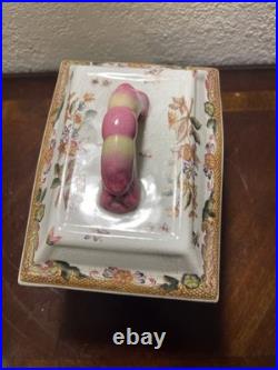 Ceramic Clawfoot Chinese Box with Lid-Birds and Flowers-Vintage