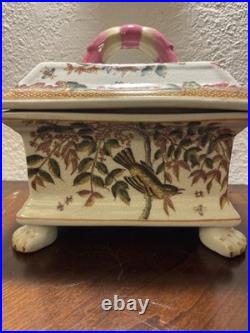 Ceramic Clawfoot Chinese Box with Lid-Birds and Flowers-Vintage