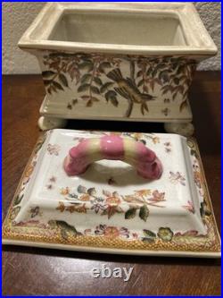 Ceramic Clawfoot Chinese Box with Lid-Birds and Flowers-Vintage