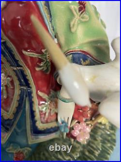 Ceramic Wucai Porcelain Pottery Figurine Geisha / Concubine Woman Bird Statue
