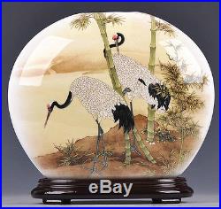 Charming color porcelain statue painted birds cranes & bamboo landscape STUNNING