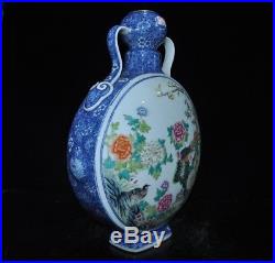 China Blue white Wucai porcelain flower bird Binaural statue Bottle Pot Vase Jar