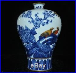 China Blue white porcelain Plum blossom Magpie bird Zun Cup Bottle Pot Vase Jar