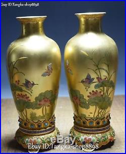 China Cloisonne Porcelain 24K Gilt Filigree Gem Lotus butterfly Bird Bottle Vase