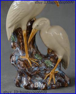 China Color Porcelain Double Red-Crowned Crane Bird Brush Pot Pencil Vase Statue