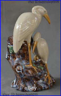 China Color Porcelain Double Red-Crowned Crane Bird Brush Pot Pencil Vase Statue