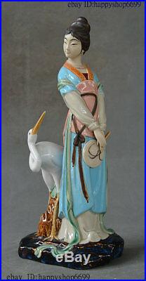 China Colour Porcelain Beautiful Woman Beauty Peri Red-Crowned Crane Bird Statue