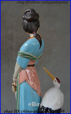 China Colour Porcelain Beautiful Woman Beauty Peri Red-Crowned Crane Bird Statue