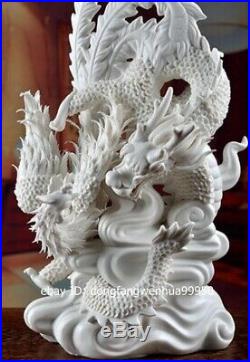 China Dehua White Porcelain Handwork Lucky Loong Dragon Phoenix Bird Statue