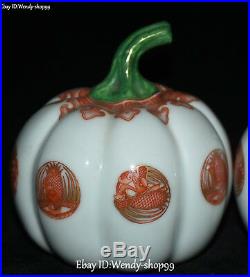 China Enamel Color Porcelain Phoenix Bird Ruyi Pumpkin Squash Cushaw Statue Pair