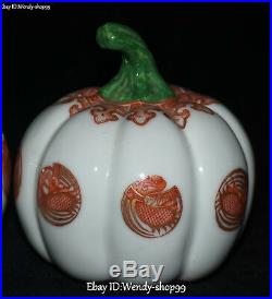 China Enamel Color Porcelain Phoenix Bird Ruyi Pumpkin Squash Cushaw Statue Pair