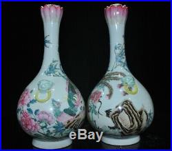 China Pastel porcelain phoenix bird Crane lotus Bottle Pot Vase Jar Statue Pair