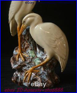 China Porcelain Carved Double Bird Red-crowned crane Vase Wealth Statue 10 inch