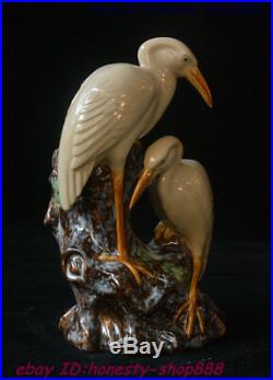 China Porcelain Carved Double Bird Red-crowned crane Vase Wealth Statue 10 inch