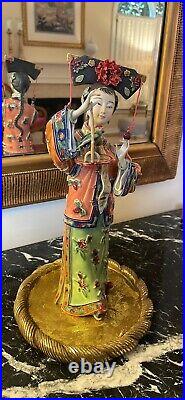 China Pottery Wucai Porcelain Palace Parrot Bird Stand Ladies Decoration Statue