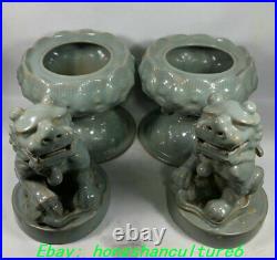 China Ru Kiln Porcelain Lotus Lion Fu Foo Dog Beast Incense Burner Censer Pair