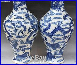 China White Blue Porcelain Cranes Bird Dragon Lion Flower Vase Bottle Pot Pair