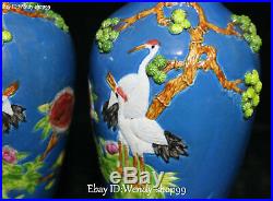 China Wucai Porcelain Cranes Bird Leaf Tree Flower vase Bottle Flask Pot Pair
