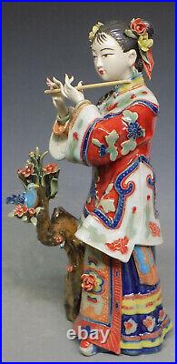 China Wucai Porcelain Folk Woman Musician Lady Bird Playing Flute Figurine Stat