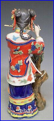 China Wucai Porcelain Folk Woman Musician Lady Bird Playing Flute Figurine Stat