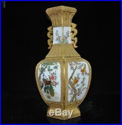 China Wucai porcelain 24k gold flower bird Dragon statue Zun Bottle Pot Vase Jar