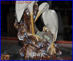 China Wucai porcelain carved pine lucky Crane bird statue brush pot pencil vase