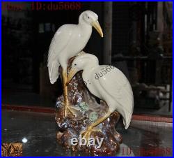 China Wucai porcelain carved pine lucky Crane bird statue brush pot pencil vase