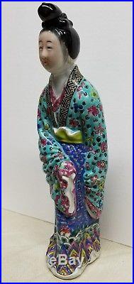 China porcelain 8 statue pottery sculpture woman blue dress birds flowers
