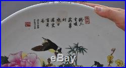 China wucai Porcelain Plum Peony Magpie bird auspicious lucky statue Plate Tray