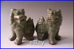 Chinese A Pair Celadon LongQuan Kiln Porcelain Figurines & Statues Foo Dog