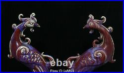 Chinese Antique Dynasty Jun Kiln Porcelain Noble Lucky Bird Phoenix Statue Pair