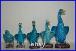Chinese Antique Export Turquoise Blue Porcelain Figural Goose Ducks Set of 5