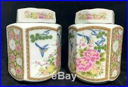 Chinese Antique Vintage Floral Ceramic Porcelain Jar With Birds Pair