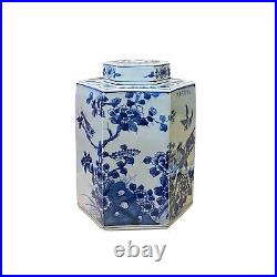 Chinese Blue & White Porcelain Flower Birds Scenery Hexagon Jar Container ws2730