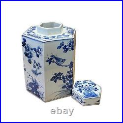 Chinese Blue & White Porcelain Flower Birds Scenery Hexagon Jar Container ws2730