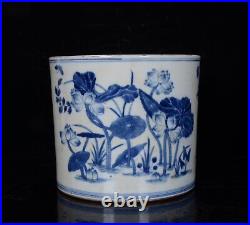 Chinese Blue&White Porcelain Hand Painted Flower Bird Lotus Pattern Brush Pot 96
