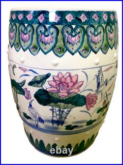 Chinese Ceramic Porcelain Garden Stool Pink Blue Green Lotus Motif Lily Pad Bird