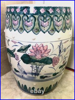 Chinese Ceramic Porcelain Garden Stool Pink Blue Green Lotus Motif Lily Pad Bird