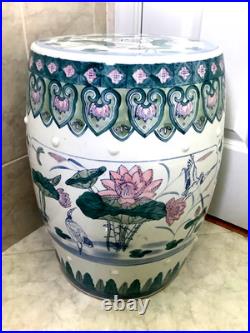Chinese Ceramic Porcelain Garden Stool Pink Blue Green Lotus Motif Lily Pad Bird