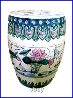 Chinese Ceramic Porcelain Garden Stool Pink Blue Green Lotus Motif Lily Pad Bird