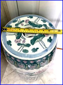 Chinese Ceramic Porcelain Garden Stool Pink Blue Green Lotus Motif Lily Pad Bird