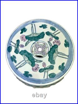 Chinese Ceramic Porcelain Garden Stool Pink Blue Green Lotus Motif Lily Pad Bird