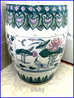 Chinese Ceramic Porcelain Garden Stool Pink Blue Green Lotus Motif Lily Pad Bird
