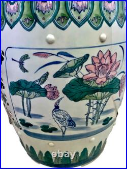 Chinese Ceramic Porcelain Garden Stool Pink Blue Green Lotus Motif Lily Pad Bird