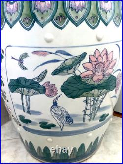 Chinese Ceramic Porcelain Garden Stool Pink Blue Green Lotus Motif Lily Pad Bird